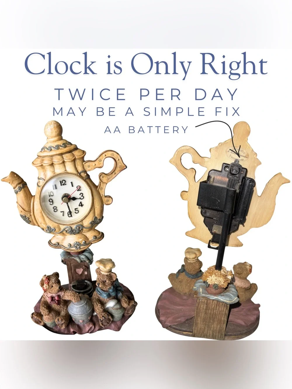 Vintage 1980s A. Richesco Teddy Bear Teapot Clock Bear Series Collectible Resin
